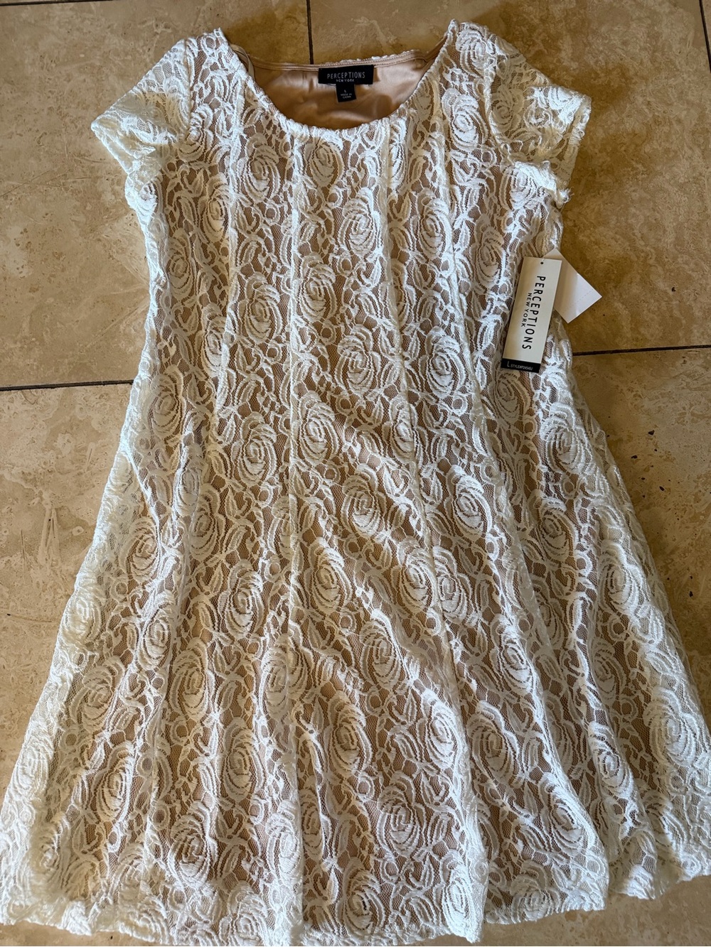Perceptions New York Ivory Floral Lace Dress Large NWT Nude Lining Large